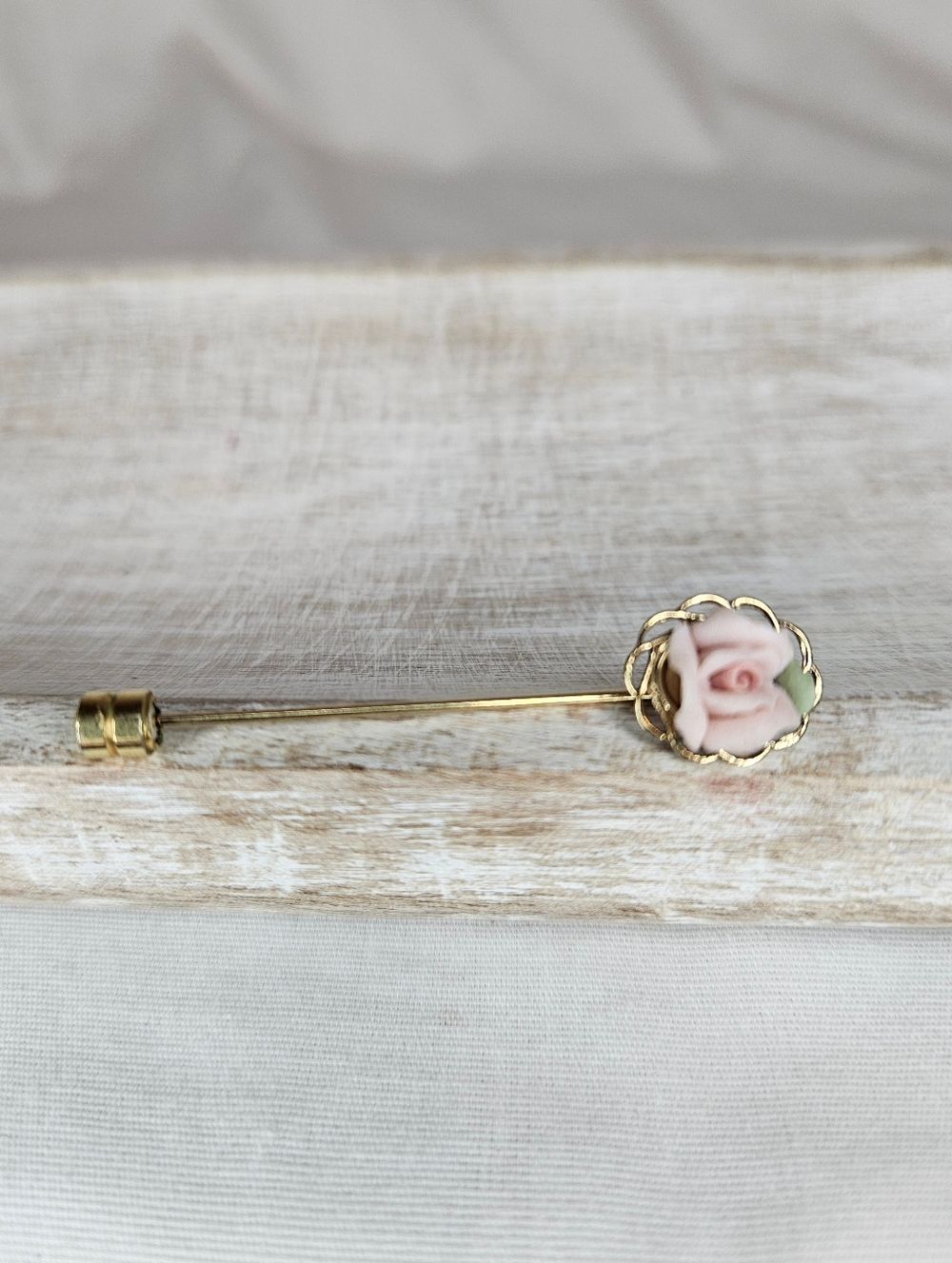 Vintage Porcelain Rose Stick Pin Gold Tone Floral Lapel Brooch Romantic Elegant